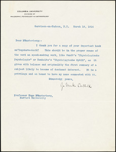 Cattell, James McKeen, 1860-1944 typed letter signed to Hugo Münsterberg, Garrison-on-Hudson, 18 March 1914