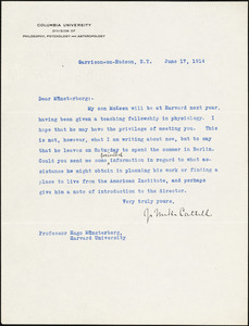Cattell, James McKeen, 1860-1944 typed letter signed to Hugo Münsterberg, Garrison-on-Hudson, 17 June 1914