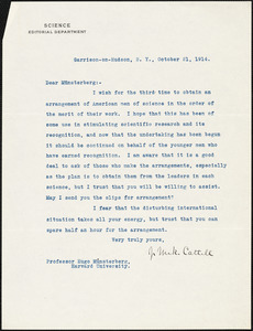 Cattell, James McKeen, 1860-1944 typed letter signed to Hugo Münsterberg, Garrison-on-Hudson, 21 October 1914