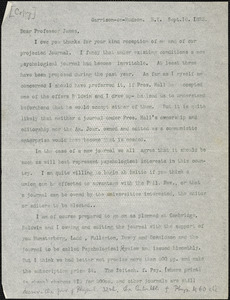 Cattell, James McKeen, 1860-1944 typed letter (copy) to Prof. James, Garrison-on Hudson, 16 September 1893