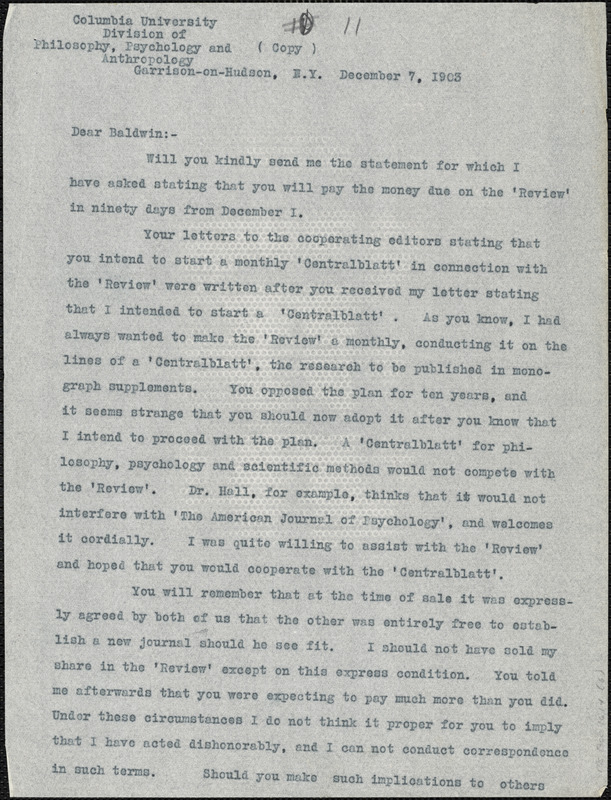 Cattell, James McKeen, 1860-1944 typed letter (copy) to J. Mark Baldwin, Garrison-on-Hudson, 7 December 1903