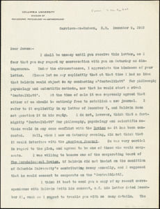 Cattell, James McKeen, 1860-1944 typed letter (copy) to William James, Garrison-on-Hudson, 9 December 1903