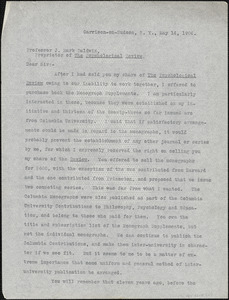 Cattell, James McKeen, 1860-1944 typed letter (copy) to J. Mark Baldwin, Garrison-on-Hudson, 14 May 1904