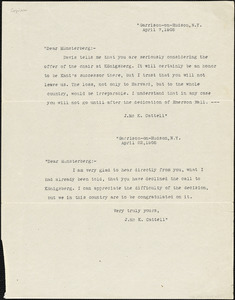 Cattell, James McKeen, 1860-1944 typed note (copy) to Hugo Münsterberg, Garrison-on-Hudson, 7 April 1905