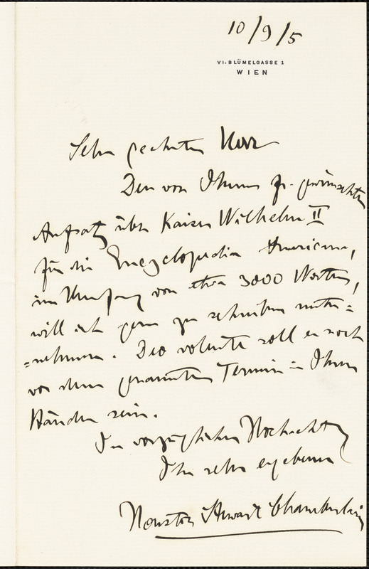 Chamberlain, Houston Stewart, 1855-1927 autograph letter signed to Hugo Münsterberg, Vienna, 10 September 1905