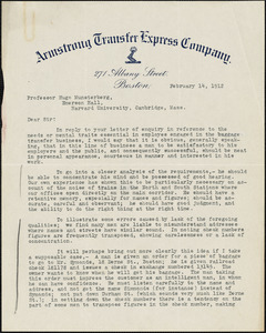Chamberlain, W. E., fl.1912 typed letter signed to Hugo Münsterberg, Boston, 14 February 1912