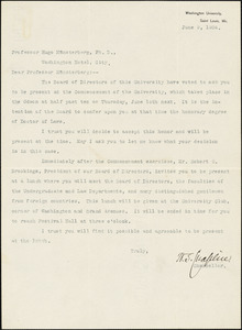 Chaplin, Winfield Scott, 1847-1918 typed letter signed to Hugo Münsterberg, St. Louis, 9 June 1904