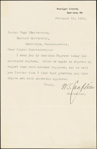 Chaplin, Winfield Scott, 1847-1918 typed letter signed to Hugo Münsterberg, St. Louis, 10 February 1905
