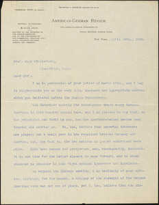 Charles, Heinrich F., fl. 1899 typed letter signed to Hugo Münsterberg, New York, 19 April 1899