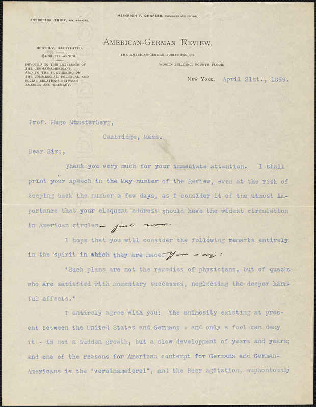 Charles, Heinrich F., fl. 1899 typed letter signed to Hugo Münsterberg, New York, 21 April 1899