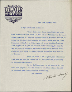 Christians, B. Rudolf, 1869-1921 typed letter signed to Hugo Münsterberg, New York, 20 March 1913