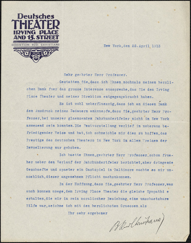 Christians, B. Rudolf, 1869-1921 typed letter signed to Hugo Münsterberg, New York, 25 April 1913