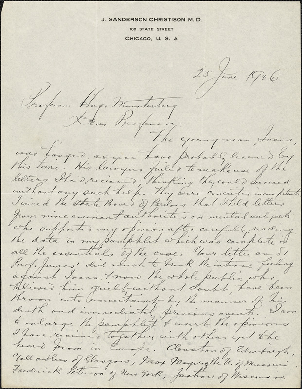Christison, John Sanderson, 1856-1908 autograph letter signed to Hugo Münsterberg, Chicago, 25 June 1906