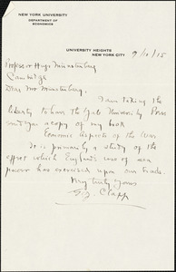 Clapp, Edwin Jones, 1881-1930 autograph letter signed to Hugo Münsterberg, New York, 9 October 1915