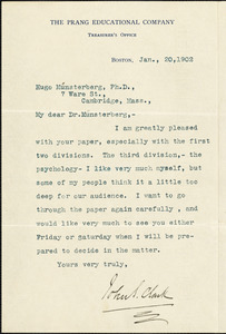 Clark, John S., fl. 1900 typed letter signed to Hugo Münsterberg, Boston, 20 January 1902