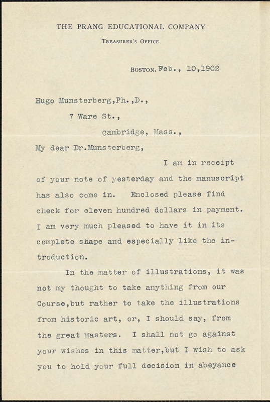 Clark, John S., fl. 1900 typed letter signed to Hugo Münsterberg, Boston, 10 February 1902