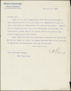 Clement, Edward Henry, 1843-1920 typed letter signed to Hugo Münsterberg, Boston, 20 February 1899