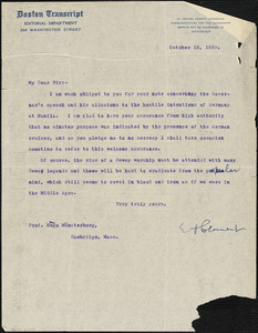 Clement, Edward Henry, 1843-1920 typed letter signed to Hugo Münsterberg, Boston, 18 October 1899