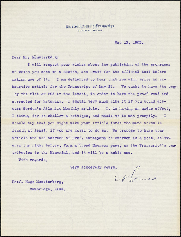 Clement, Edward Henry, 1843-1920 typed letter signed to Hugo Münsterberg, Boston, 12 May 1903
