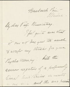 Clifford, Angela (Godfrey), d. 195-- autograph letter signed to Hugo Münsterberg, Hancock Point, Me., 1909?