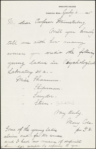 Coes, Mary, 1861-1913 manuscript letter (Mary Coes per G.H.) to Hugo Münsterberg, Cambridge, Mass., 6 July 1895
