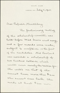 Coes, Mary, 1861-1913 manuscript letter to Hugo Münsterberg, Cambridge, Mass., 8 July 1904