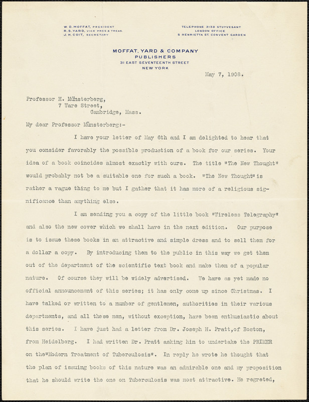 Coit, Joseph Howland, 1863 or 4-1930 typed letter signed to Hugo Münsterberg, New York, 7 May 1908