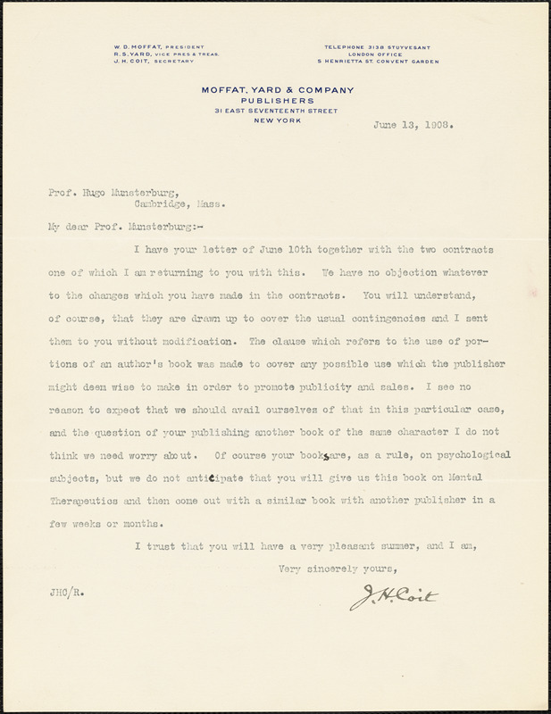 Coit, Joseph Howland, 1863 or 4-1930 typed letter signed to Hugo Münsterberg, New York, 13 June 1908