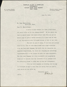 Coit, Joseph Howland, 1863 or 4-1930 typed letter signed to Hugo Münsterberg, New York, 14 June 1912