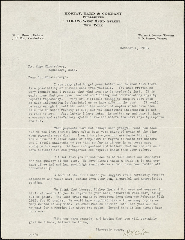 Coit, Joseph Howland, 1863 or 4-1930 typed letter signed to Hugo Münsterberg, New York, 1 October 1912