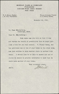 Coit, Joseph Howland, 1863 or 4-1930 typed letter signed to Hugo Münsterberg, New York, 18 November 1912