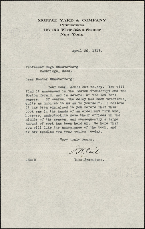 Coit, Joseph Howland, 1863 or 4-1930 typed letter signed to Hugo Münsterberg, New York, 26 April 1913