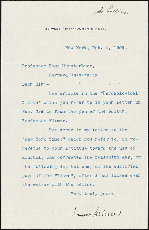 Collins, James, fl. 1909 typed letter signed to Hugo Münsterberg, New York, 4 February 1909