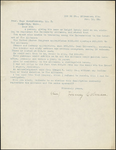 Colman, Henry, fl. 1909 typed letter signed to Hugo Münsterberg, Milwaukee, Wis., 10 November 1909
