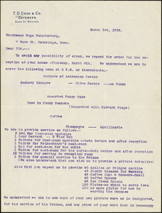 Cook, T.D. & Co., caterers typed letter to Hugo Münsterberg, Boston, 3 March 1902