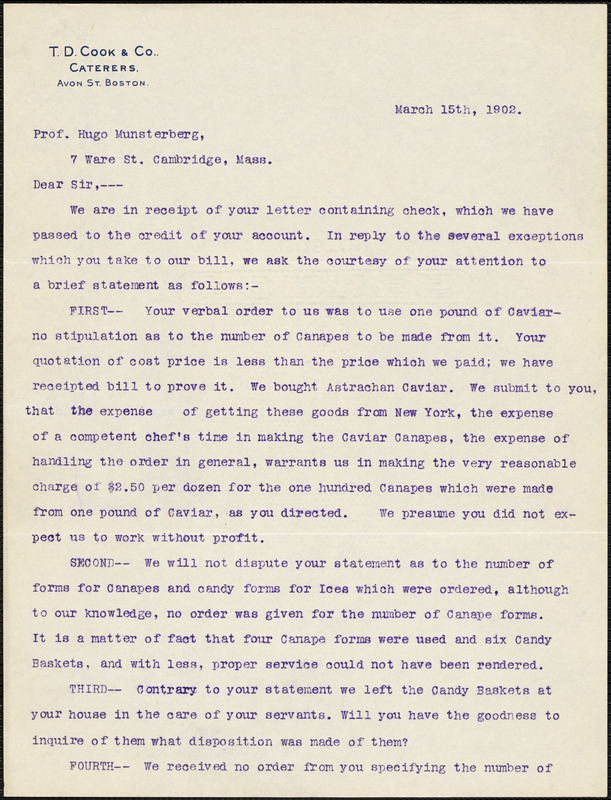 Cook, T.D. & Co., caterers typed letter to Hugo Münsterberg, Boston, 15 March 1902