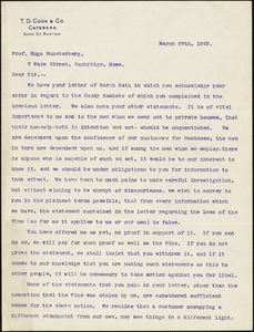 Cook, T.D. & Co., caterers typed letter to Hugo Münsterberg, Boston, 28 March 1902