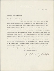 Coolidge, Archibald Cary, 1866-1928 typed letter signed to Hugo Münsterberg, Cambridge, Mass., 13 October 1915