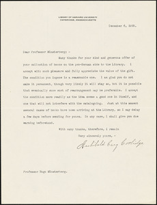 Coolidge, Archibald Cary, 1866-1928 typed letter signed to Hugo Münsterberg, Cambridge, Mass., 6 December 1915