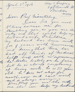 Cooper, Mrs. B., fl. 1916 autograph letter signed to Hugo Münsterberg, Brockton, Mass., 2 April 1916