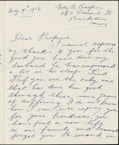 Cooper, Mrs. B., fl. 1916 autograph letter signed to Hugo Münsterberg, Brockton, Mass., 9 May 1916