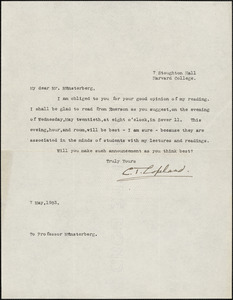 Copeland, Charles Townsend, 1860-1952 typed letter signed to Hugo Münsterberg, Cambridge, Mass., 7 May 1903