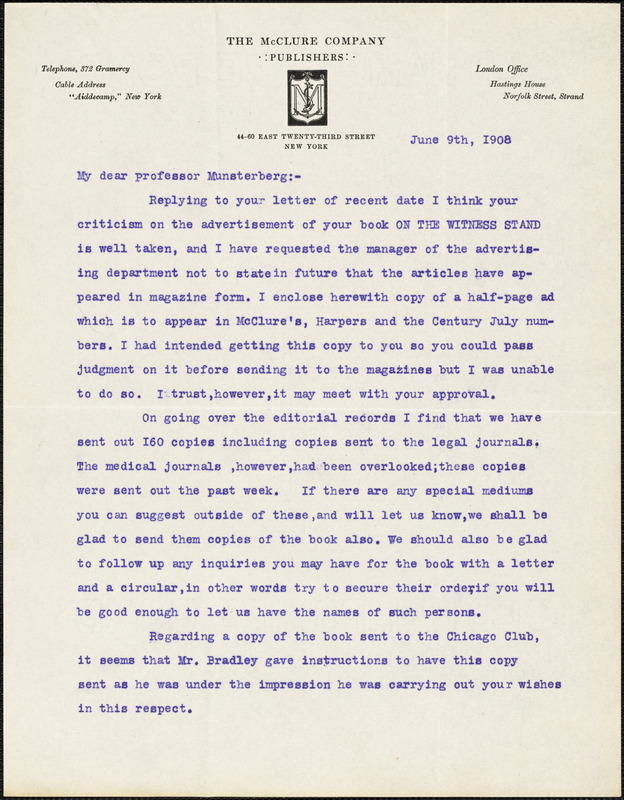 Corrigan, J W , fl. 1908 typed letter signed to Hugo Münsterberg, New York, 9 June 1908