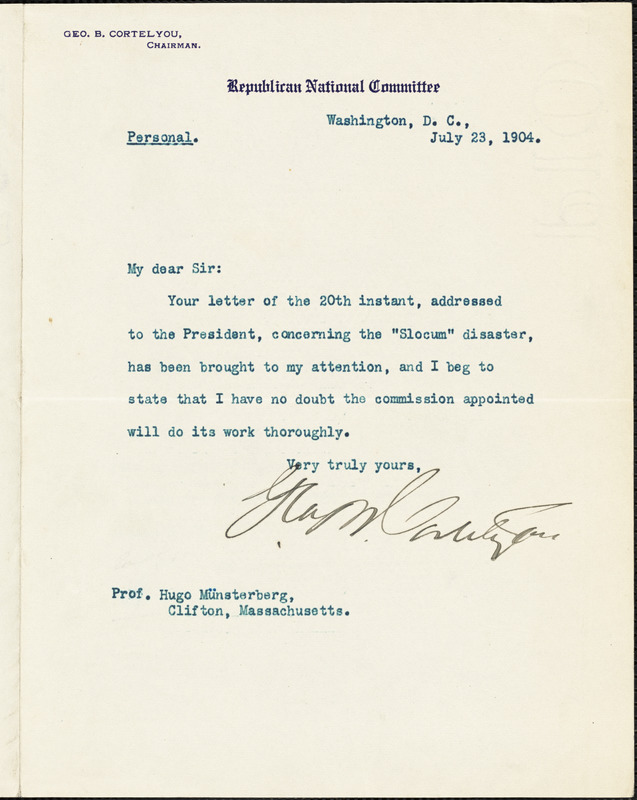 Cortelyou, George Bruce, 1862-1940 typed letter signed to Hugo Münsterberg, Washington, D.C., 23 July 1904