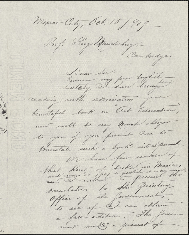 Cos, José Rodriguez, fl. 1909 autograph letter signed to Hugo Münsterberg, Mexico City, 15 October 1909