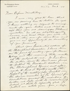 Creighton, James Edwin, 1861-1924 autograph letter signed to Hugo Münsterberg, Ithaca, N.Y., 3 December 1908