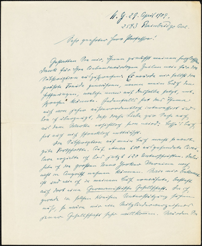 Cronau, Rudolf, 1855-1939 autograph letter signed to Hugo Münsterberg, New York, 29 April 1909