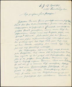 Cronau, Rudolf, 1855-1939 autograph letter signed to Hugo Münsterberg, New York, 29 April 1909