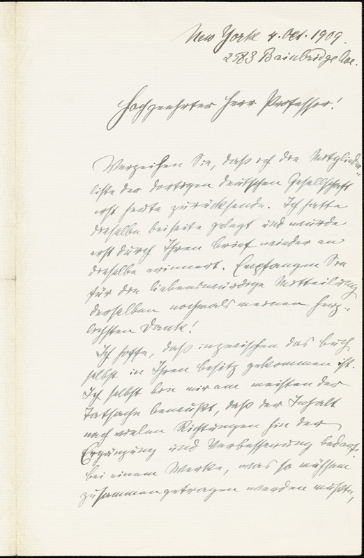 Cronau, Rudolf, 1855-1939 autograph letter signed to Hugo Münsterberg, New York, 4 October 1909