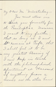 Cushman, Herbert Ernest, 1865-1944 autograph letter signed to Hugo Münsterberg, Tufts College, Mass., 14 February 1898